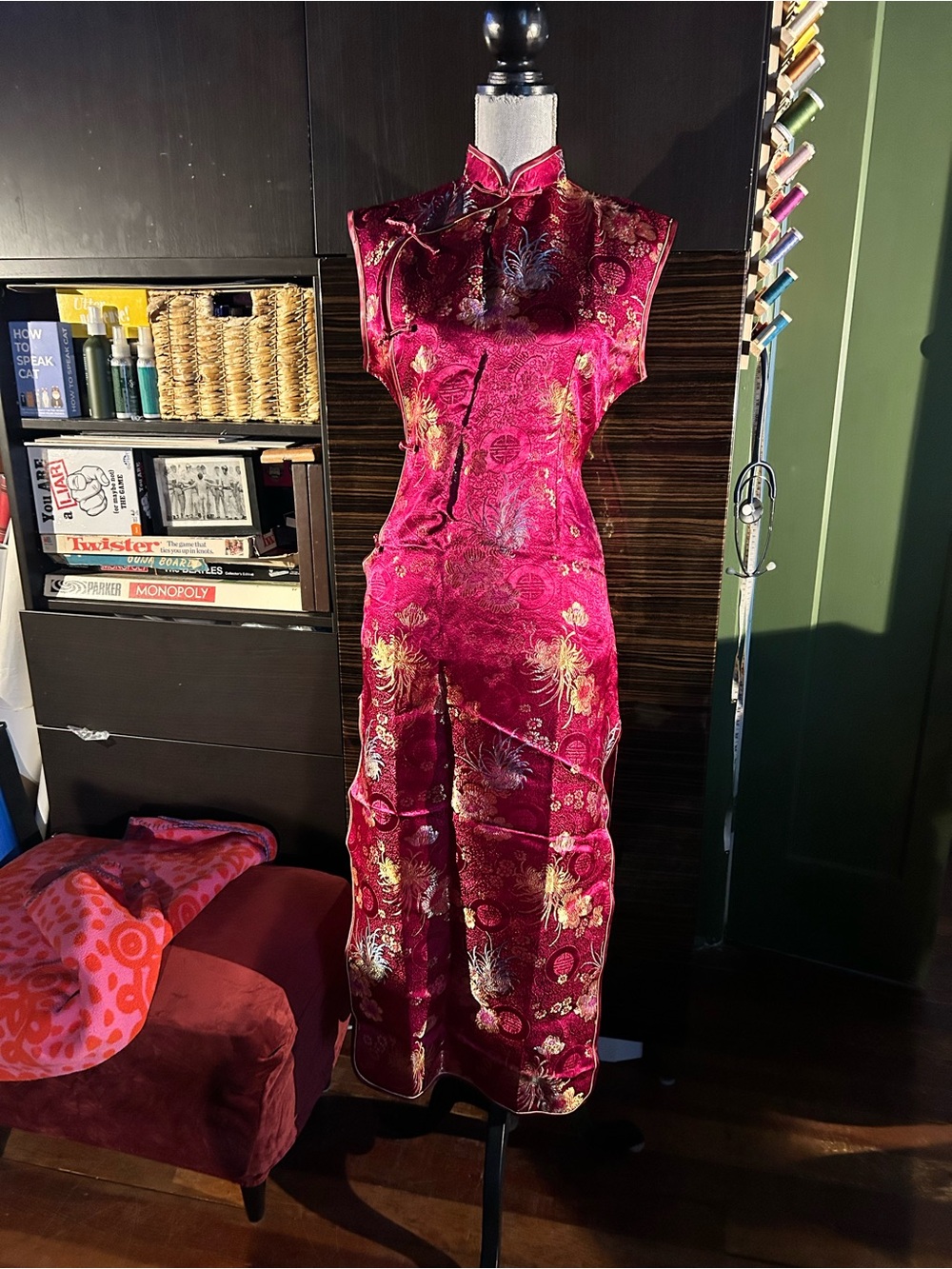 Burgundy Satin Floral Brocade Cheongsam Jumpsuit
